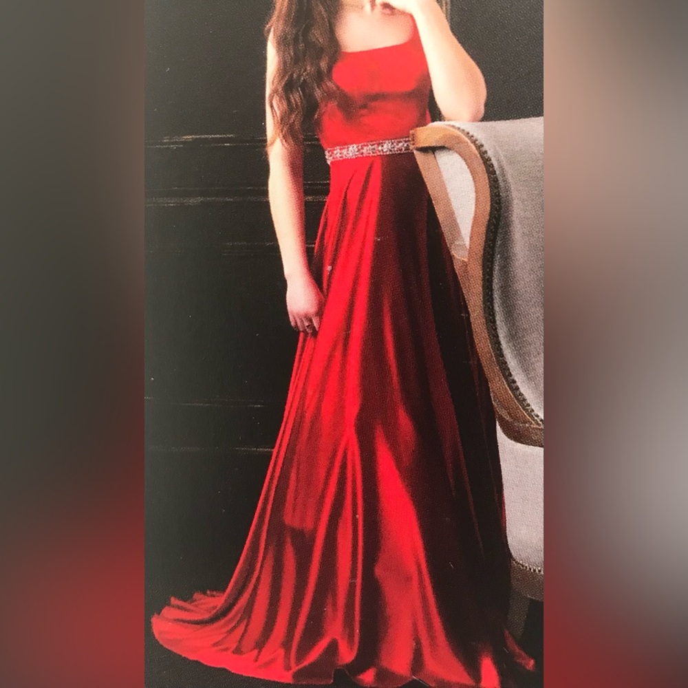 Red satin prom dress with sparkly waistband. Worn once.